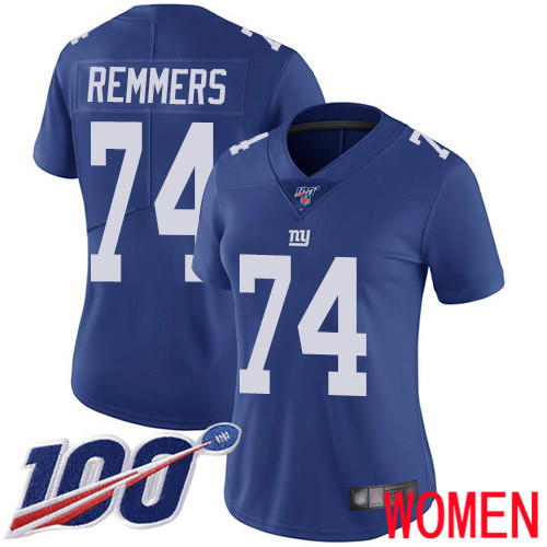 Women New York Giants 74 Mike Remmers Royal Blue Team Color Vapor Untouchable Limited Player 100th Season Football NFL Jersey